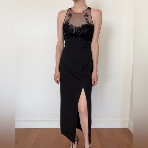 Faviana NY black evening dress / maxi / mesh with sequins - Picture 5 of 12